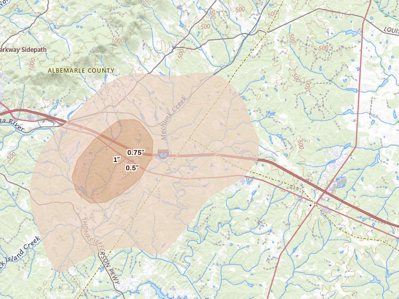 Radar-estimated hail-size map of the storm over Keswick, VA on Jul 4, 2026