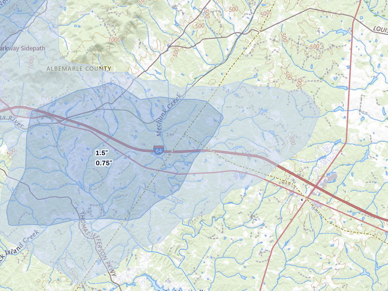 NEXRAD radar-signature map of the hail over Keswick, VA
