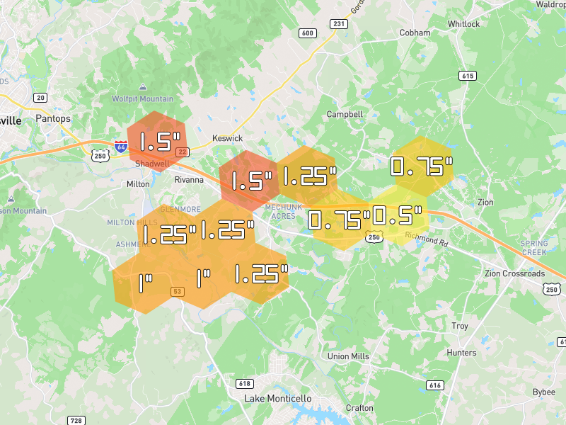 Hail map of Keswick, VA on Jul 4, 2026, hail up to 1.5"