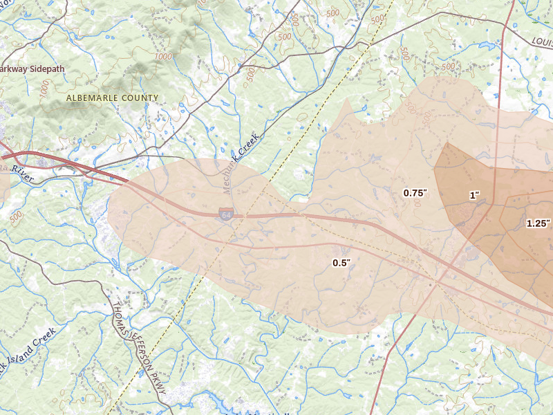 Radar-estimated hail-size map of the storm over Keswick, VA on Jul 26, 2026