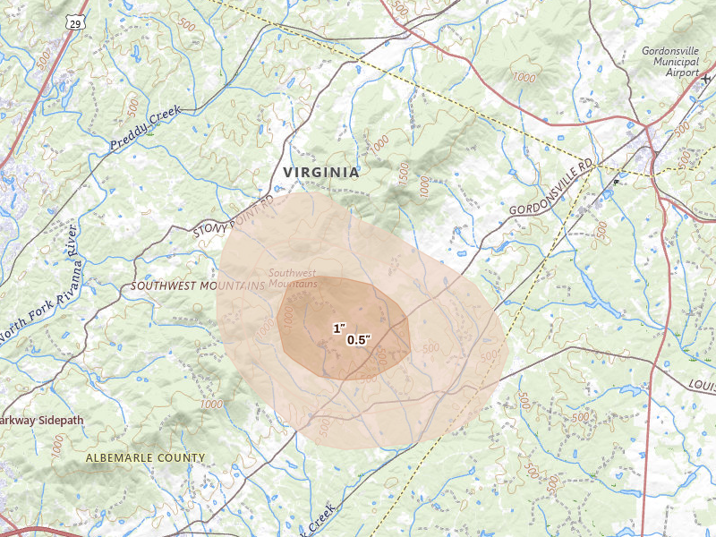 Radar-estimated hail-size map of the storm over Keswick, VA on Sep 2, 2026