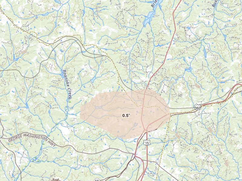 Radar-estimated hail-size map of the storm over Keysville, VA on Apr 25, 2026