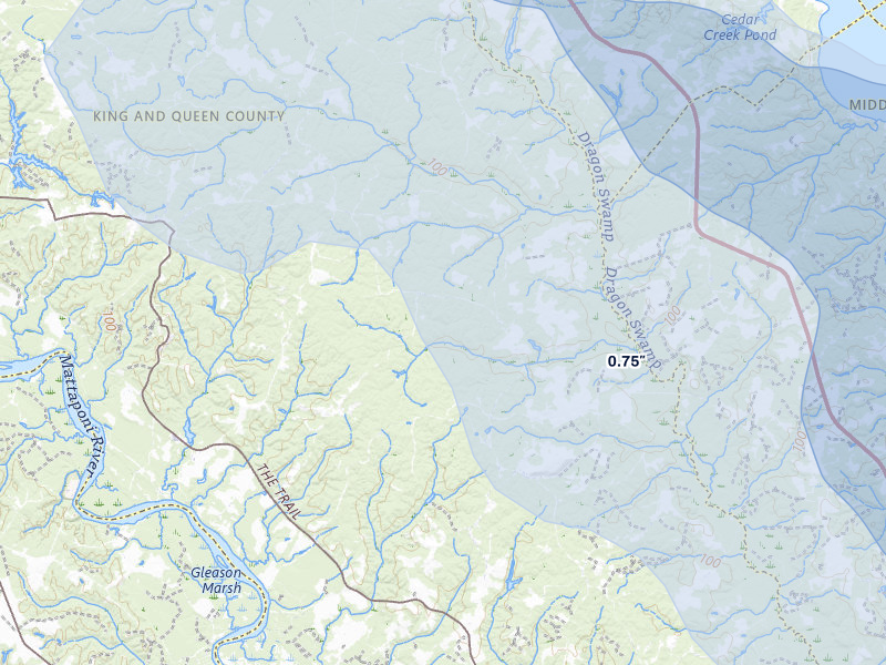 NEXRAD radar-signature map of the hail storm over King And Queen Court House, VA on Jul 28, 2026