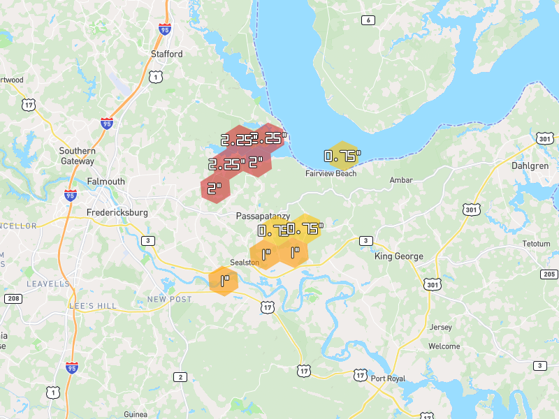 Hail map of King George, VA on Jul 4, 2026, hail up to 2.25"