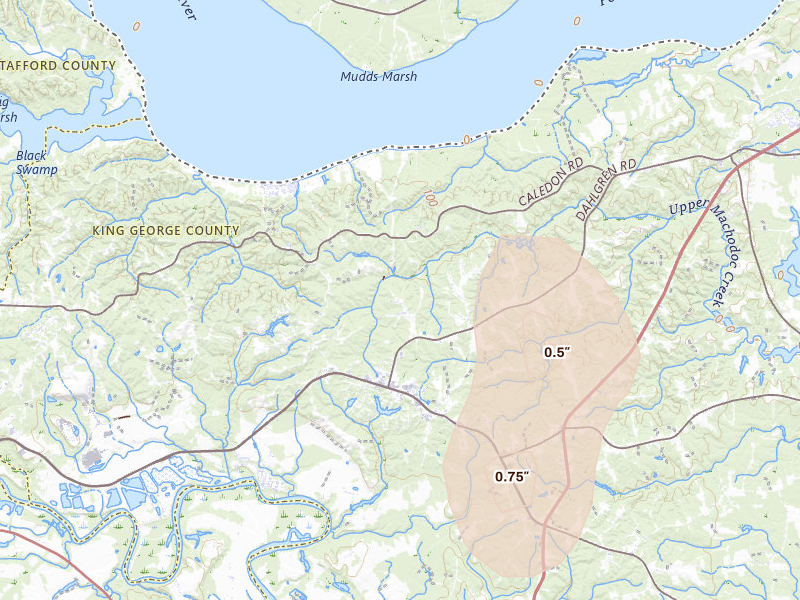 Radar-estimated hail-size map of the storm over King George, VA on Sep 2, 2026