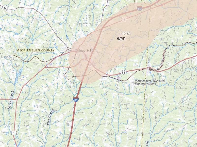 Radar-estimated hail-size map of the storm over La Crosse, VA on Jul 18, 2026