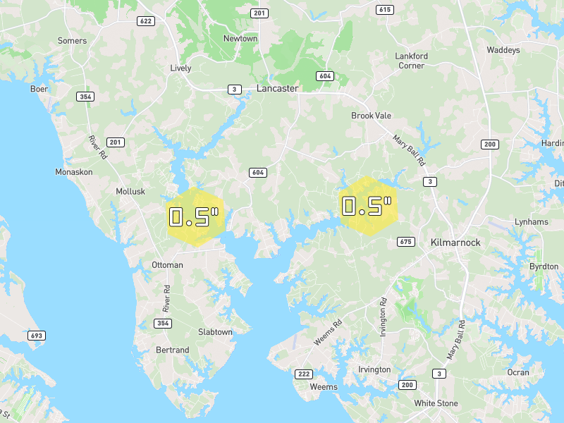 Hail map of Lancaster, VA on Jul 22, 2026, hail up to 0.5"