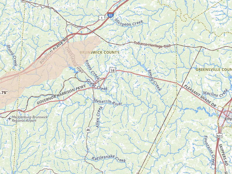 Radar-estimated hail-size map of the storm over Lawrenceville, VA on Jul 18, 2026