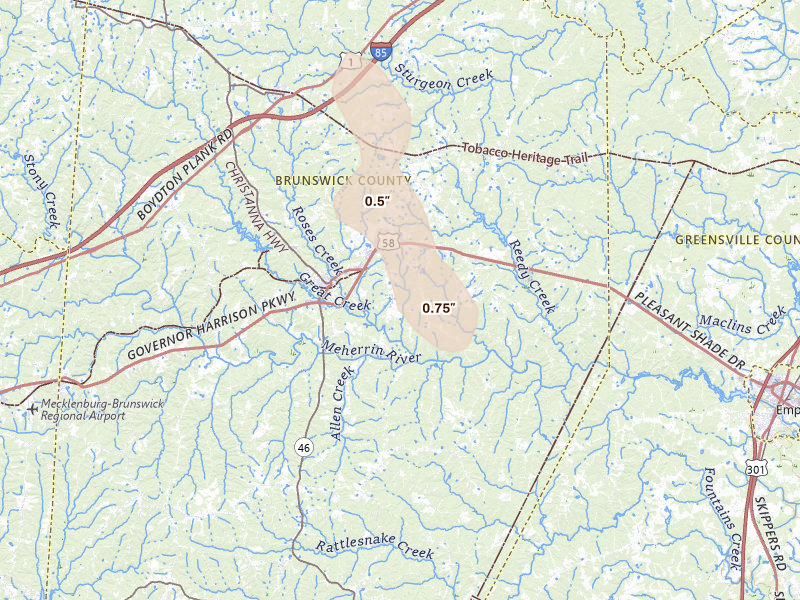 Radar-estimated hail-size map of the storm over Lawrenceville, VA on Jul 26, 2026
