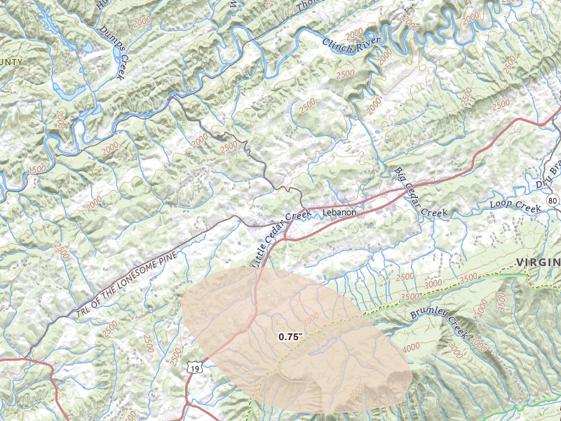 Radar-estimated hail-size map of the storm over Lebanon, VA on Mar 21, 2026