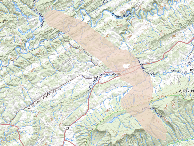 Radar-estimated hail-size map of the storm over Lebanon, VA on Jul 28, 2026