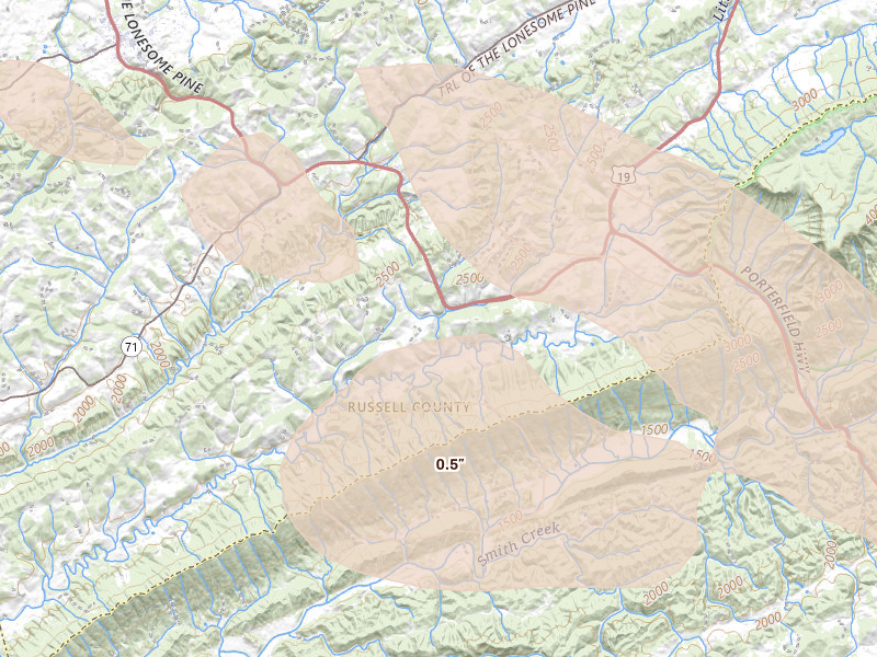 Radar-estimated hail-size map of the storm over Lebanon, VA on Aug 17, 2026
