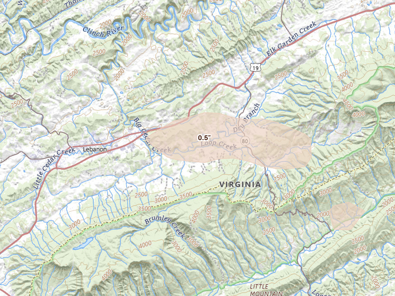 Radar-estimated hail-size map of the storm over Lebanon, VA on Aug 22, 2026