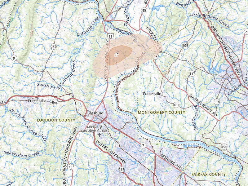 Radar-estimated hail-size map of the storm over Leesburg, VA on Jul 9, 2026