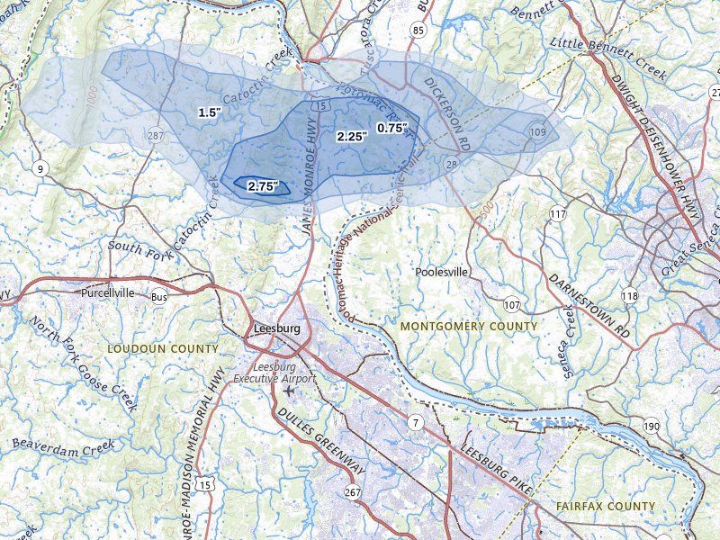 NEXRAD radar-signature map of the hail storm over Leesburg, VA on Jul 9, 2026