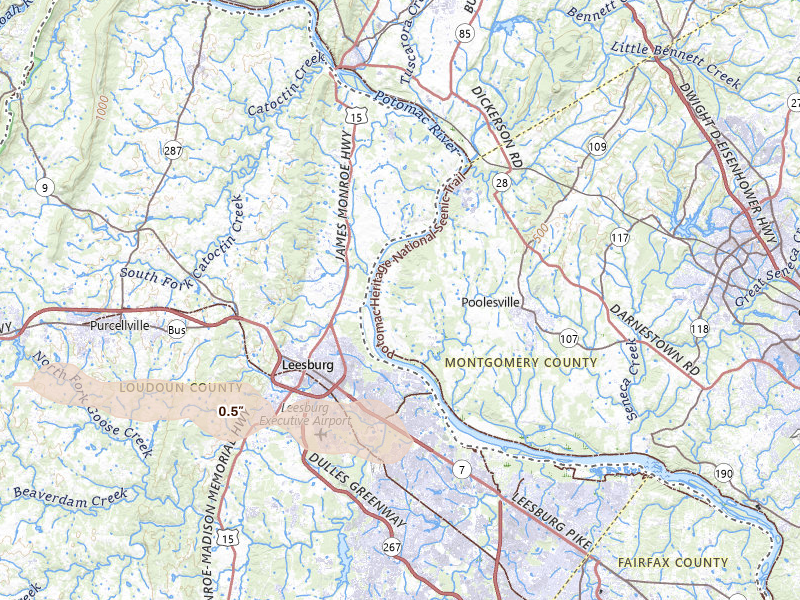 Radar-estimated hail-size map of the storm over Leesburg, VA on Jul 21, 2026