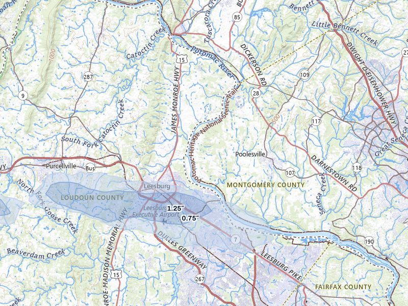 NEXRAD radar-signature map of the hail over Leesburg, VA
