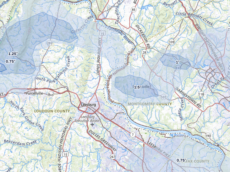 NEXRAD radar-signature map of the hail storm over Leesburg, VA on Jul 28, 2026