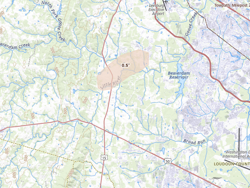 Radar-estimated hail-size map of the storm over Leesburg, VA on Aug 6, 2026