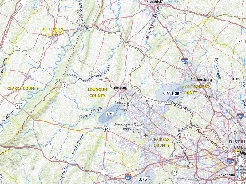 NEXRAD radar-signature map of the hail storm over Leesburg, VA on Aug 6, 2026