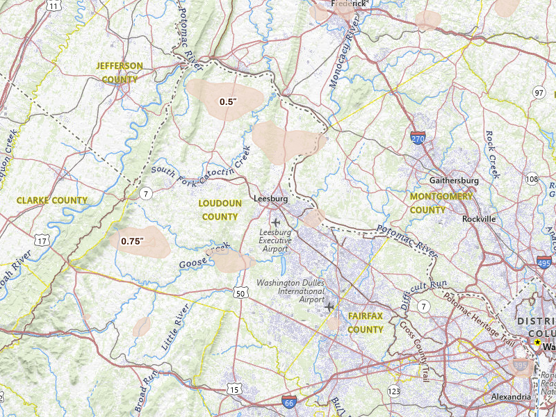 Radar-estimated hail-size map of the storm over Leesburg, VA on Aug 10, 2026