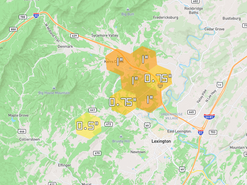 Hail map of Lexington, VA on Jul 4, 2026, hail up to 1"