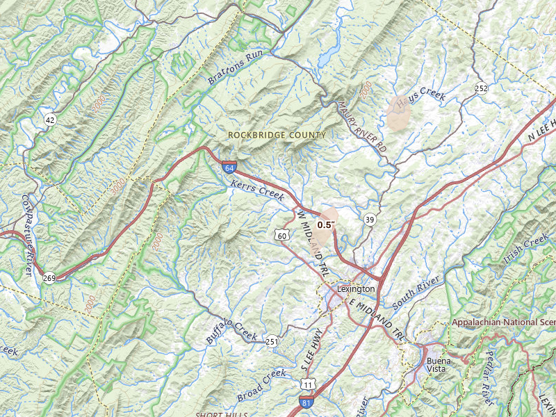 Radar-estimated hail-size map of the storm over Lexington, VA on Jul 5, 2026