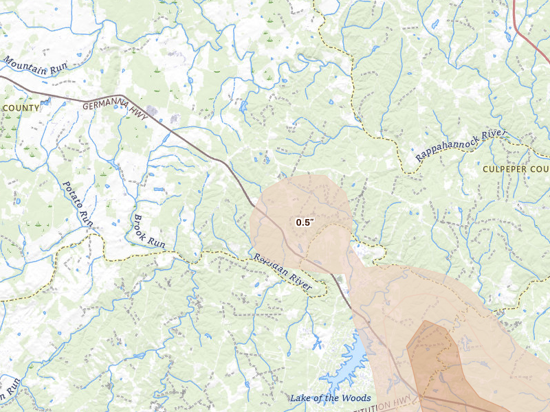 Radar-estimated hail-size map of the storm over Lignum, VA on Jul 5, 2026