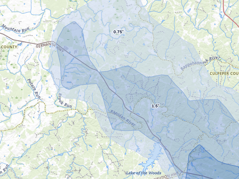 NEXRAD radar-signature map of the hail storm over Lignum, VA on Jul 5, 2026