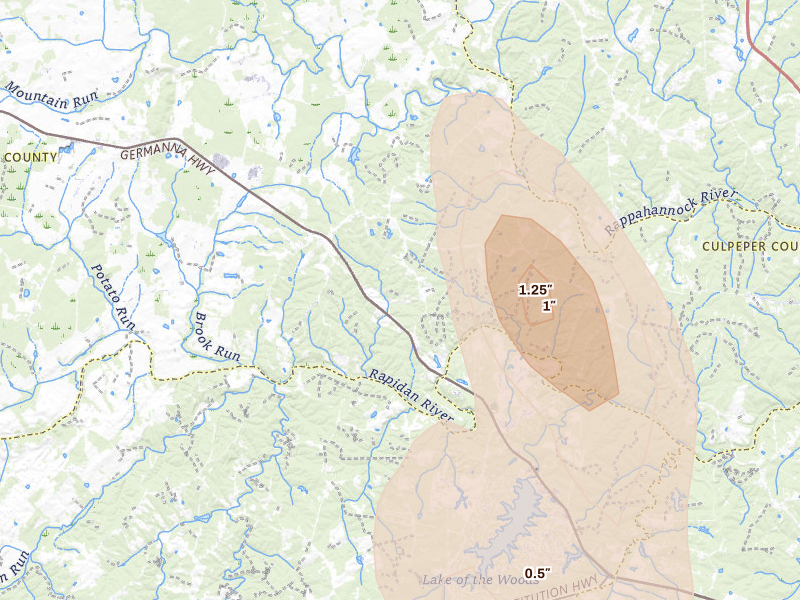 Radar-estimated hail-size map of the storm over Lignum, VA on Jul 26, 2026