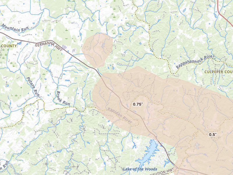 Radar-estimated hail-size map of the storm over Lignum, VA on Jul 28, 2026