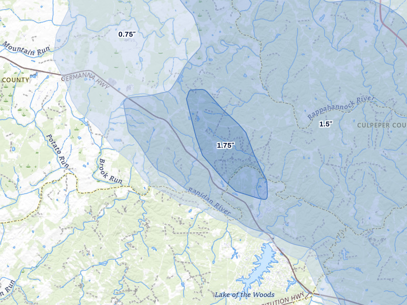 NEXRAD radar-signature map of the hail storm over Lignum, VA on Jul 28, 2026