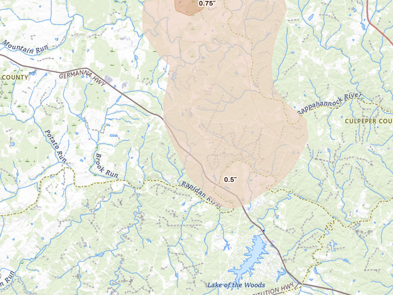 Radar-estimated hail-size map of the storm over Lignum, VA on Sep 2, 2026