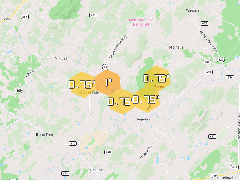 Hail map of Locust Dale, VA on Jul 4, 2026, hail up to 1"