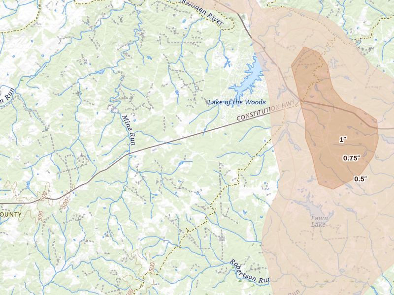 Radar-estimated hail-size map of the storm over Locust Grove, VA on Jul 5, 2026