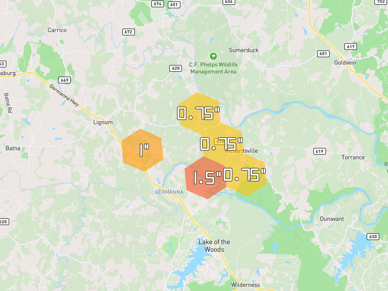 Hail map of Locust Grove, VA on Jul 5, 2026, hail up to 1.5"
