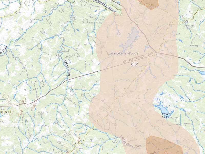 Radar-estimated hail-size map of the storm over Locust Grove, VA on Jul 26, 2026