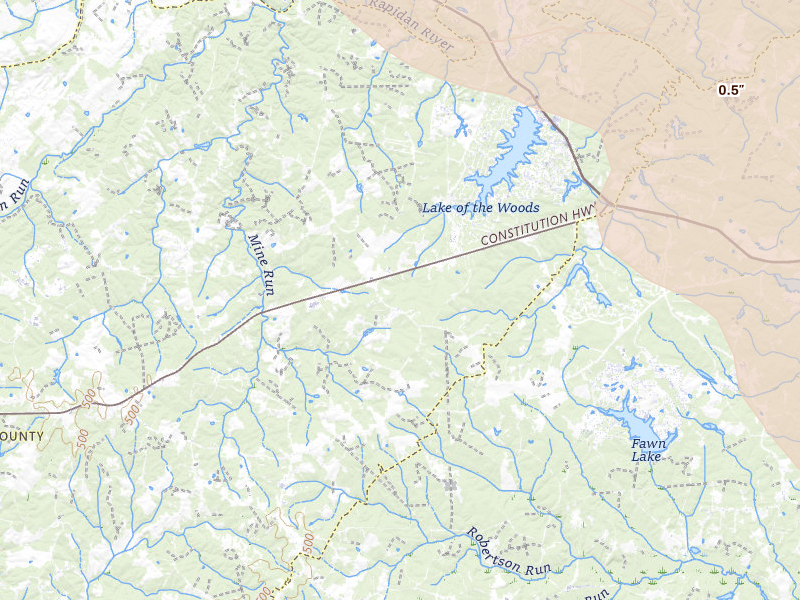 Radar-estimated hail-size map of the storm over Locust Grove, VA on Jul 28, 2026