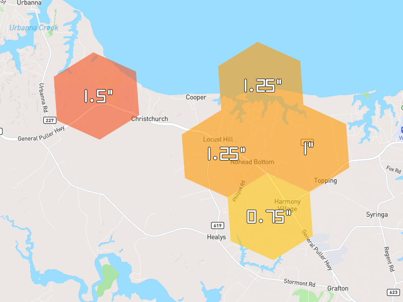 Hail map of Locust Hill, VA on Jul 6, 2026, hail up to 1.5"