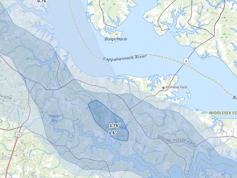 NEXRAD radar-signature map of the hail storm over Locust Hill, VA on Jul 28, 2026