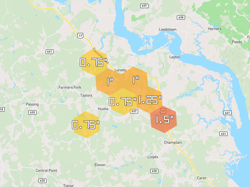 Hail map of Loretto, VA on Jul 28, 2026, hail up to 1.5"