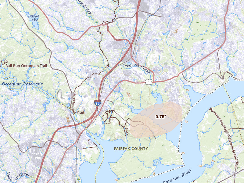 Radar-estimated hail-size map of the storm over Lorton, VA on Aug 7, 2026