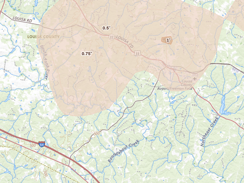 Radar-estimated hail-size map of the storm over Louisa, VA on Jul 4, 2026