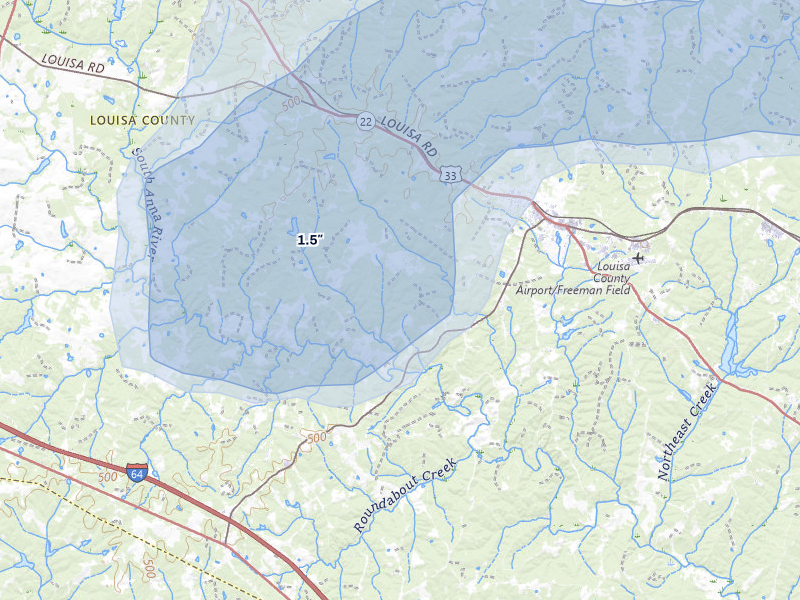 NEXRAD radar-signature map of the hail over Louisa, VA