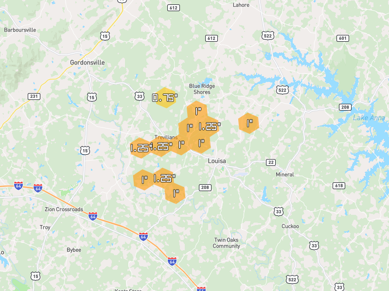 Hail map of Louisa, VA on Jul 4, 2026, hail up to 1.25"