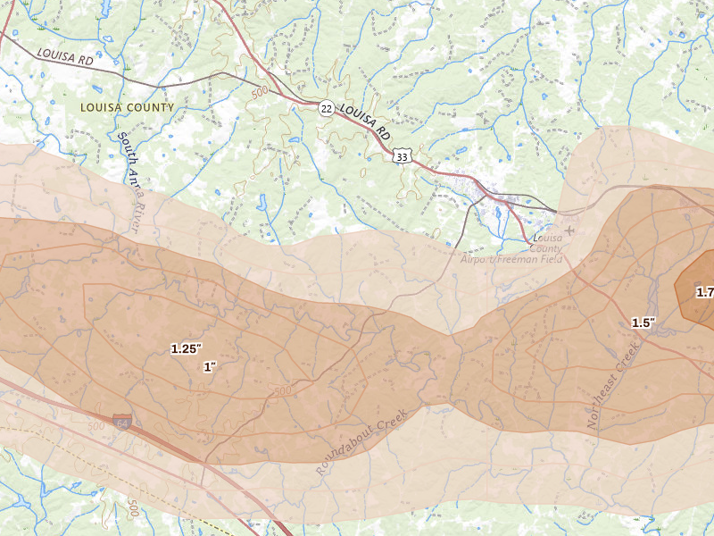Radar-estimated hail-size map of the storm over Louisa, VA