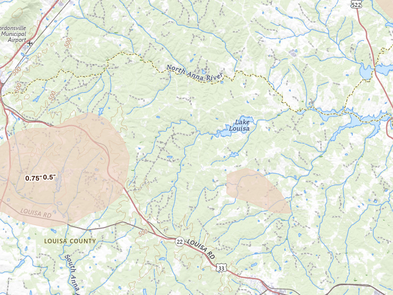 Radar-estimated hail-size map of the storm over Louisa, VA on Sep 4, 2026