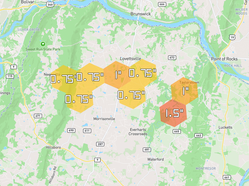 Hail map of Lovettsville, VA on Jul 9, 2026, hail up to 1.5"