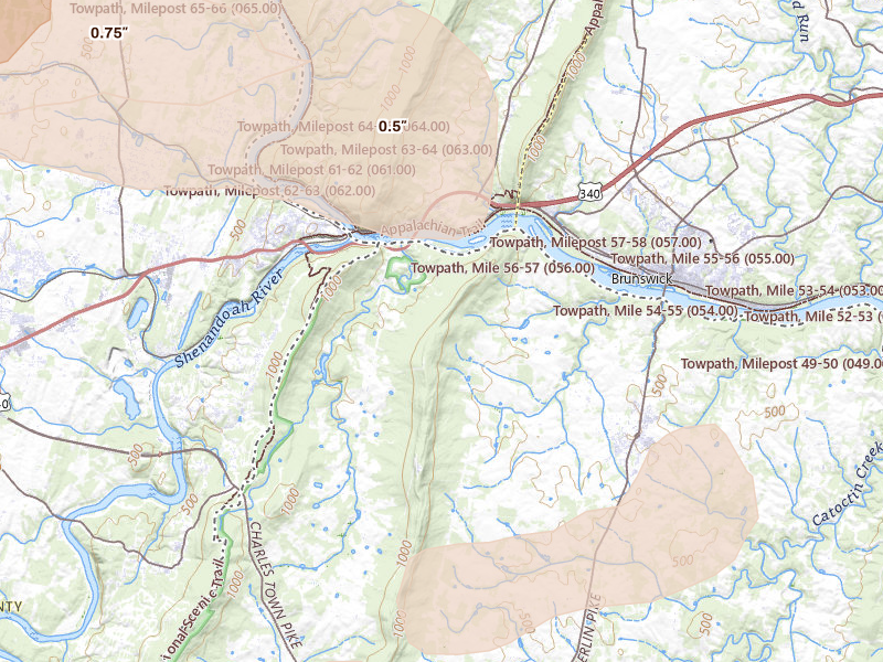 Radar-estimated hail-size map of the storm over Lovettsville, VA on Jul 28, 2026