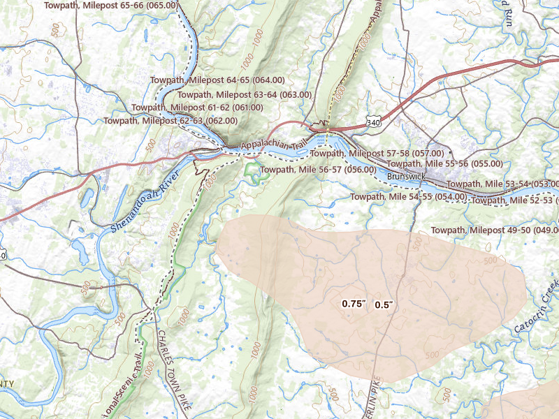 Radar-estimated hail-size map of the storm over Lovettsville, VA on Aug 10, 2026